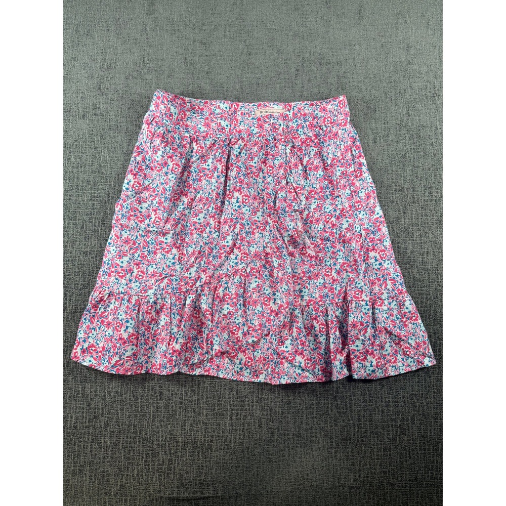 BCBGeneration Pink Blue Floral Tencel Ruffle Mini Skirt Womens Medium